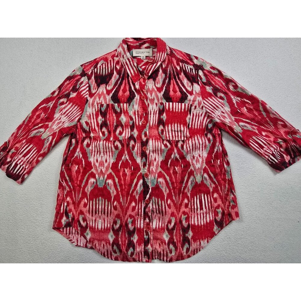 Jones New York Sport 100% Linen Petite Ikat Print Shirt PM